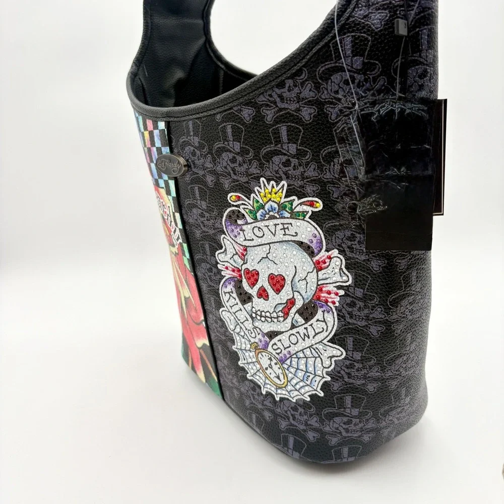 Ed Hardy Hobo Bag Rose Skull Tattoo‎ Checkered Print Shoulder Bag Purse Y2K
